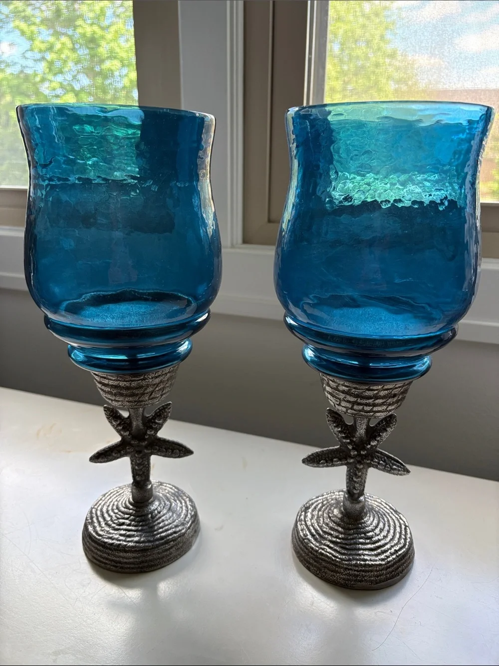 Pair of Ocean Blue Glass Hurricane Starfish Cast Metal Candle Holders